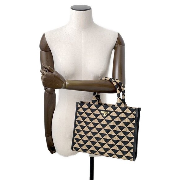 PRADA Symbol EmbroideryFabric Small Handbag Jaguar / Leather Black/Beige 1BA354 - Picture 4 of 12